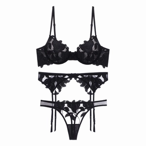 Three-piece black lace embroidery lingerie set with wired bra, garter belt and thong