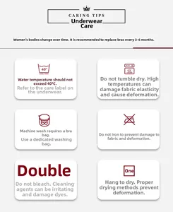 Lingerie laundry care guide with washing symbols and maintenance tips for lace underwear