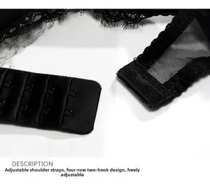 Detailed view of the adjustable straps and four-row two-hook back closure on black lace bra