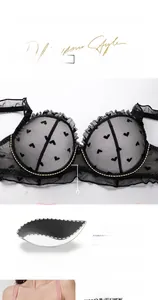 Close-up of black lace bra featuring sheer heart patterns and soft underwire detail