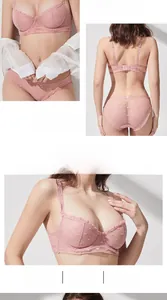 Detailed views of French style pink lace lingerie set with heart patterns and sheer mesh