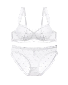 Close-up of white mesh lingerie set with heart patterns and ruffle lace details