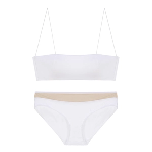 French style white wireless bra set with thin straps and sheer nude mesh details