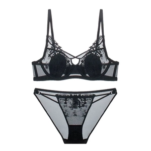 Exquisite black floral lace lingerie set with sheer embroidery and push-up effect