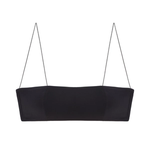 Minimalist black seamless wireless bra set with ultra-thin straps on a white background