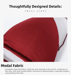 Detailed macro view of soft ribbed modal fabric on a wine red front-close wireless bra