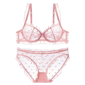 French Style Ultra-Thin Sheer Lace Bra Set Heart Embroidery Ruffle Underwire Minimizer Lingerie Top and Bottom For Women