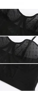 Close-up tile details of black sheer mesh bra with polka dot lace and elastic piping