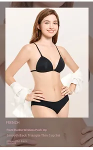 Close-up of front-closure wireless push-up bra and seamless panties set with white shirt