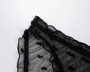 Detail of sheer black mesh lingerie featuring small heart patterns and ruffled edges
