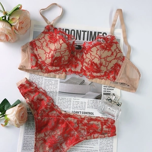 Détail à plat de broderies florales rouges sur soutien-gorge en résille avec étiquette
