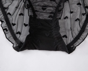 Detail of sheer black mesh panties with heart flocking and elastic ruffled edges