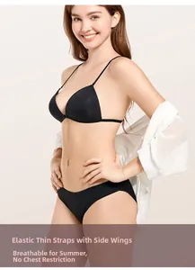 Detail of breathable black wireless triangle bra with elastic straps on female model
