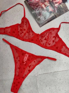 Flat lay of red heart embroidered sheer mesh lingerie set with golden hardware detail