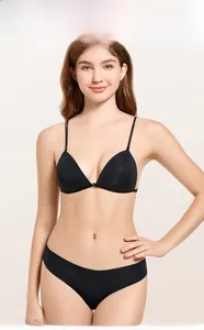 Detail view of black seamless bra set with ultra-thin double straps and front closure