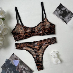 Close-up of leopard print sheer mesh lingerie set with lace and artistic props