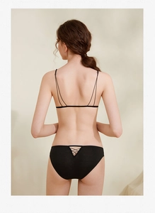 Detailed back view of black lingerie set with minimalist thin straps and crisscross cutouts