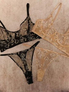 Flat lay detail of sheer mesh lingerie sets featuring gold and white celestial embroidery