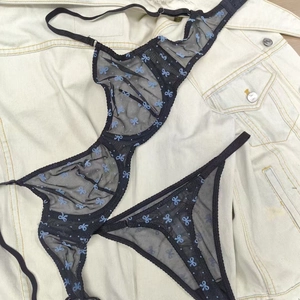 Detailed view of black sheer mesh lingerie set featuring light blue bow patterns and lace