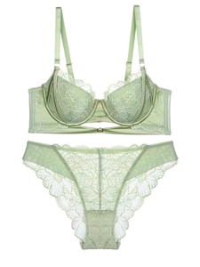Details zum hellgrünen Spitzen-Lingerie-Set mit Bügel-BH und transparentem Slip