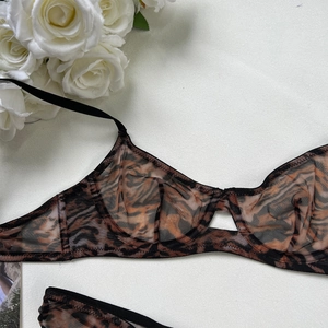 Detailed flat lay of leopard mesh lingerie set with underwire support and sheer fabric