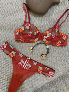 Detailed flat lay of red mesh lingerie set with pineapple embroidery and wavy lace edges