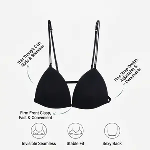 Seamless front-closure triangle bra in black with adjustable thin straps and back support