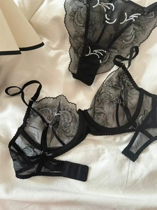 Detail of sheer black lace lingerie set with intricate silver leaf embroidery and sequins