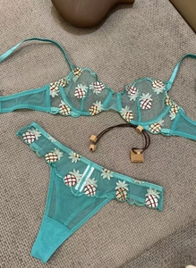 Detailed flat lay of sheer mesh bra set with colorful pineapple embroidery and lace