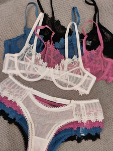 Detail of sheer mesh embroidery floral lace bra and panty set in four colors