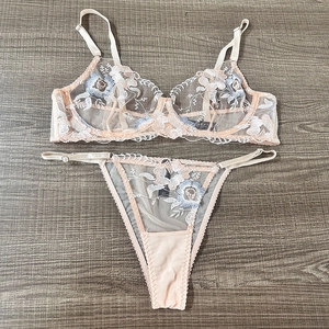 Detailed flat lay of mesh lingerie set featuring floral embroidery and lace texture