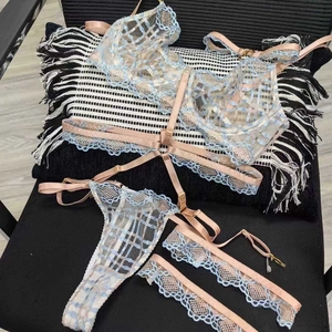 Detailed blue lace lingerie set with floral embroidery and adjustable leg straps