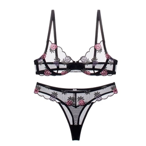 French style sheer black mesh lingerie set with purple pineapple embroidery detailing