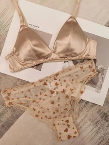 Detail van champagne satijnen beha en transparante mesh hartjes slip set