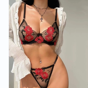 Sexy black sheer mesh lingerie set with vibrant red rose embroidery and lace details