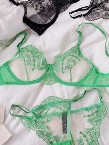 Flat lay of green sheer floral embroidery lace bra and thong set on white fabric