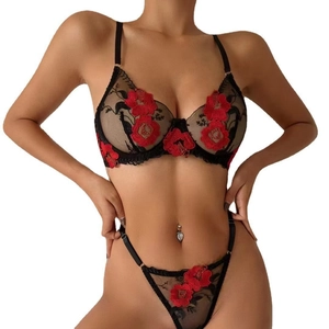Sexy black sheer mesh lingerie set with red floral embroidery including bra and thong