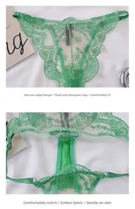 Detail of green lace thong with cotton lining showing embroidery and narrow waistband