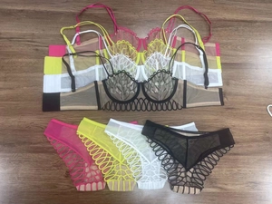 Ensemble soutien-gorge et culotte en dentelle brodée transparente en quatre couleurs