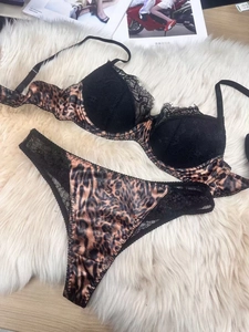Detail of leopard print bra and lace panties set with silk finish and sheer mesh texture