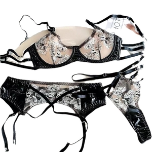Three-piece black faux leather and mesh lingerie set with floral embroidery details