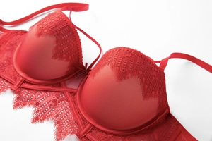 Detail of red lace bra featuring eyelash lace trim and crisscross strap design