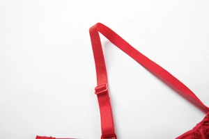 Detailed macro view of adjustable red shoulder straps and delicate lace edging
