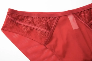 Detailed close-up of red floral lace and mesh texture on seamless women's panties
