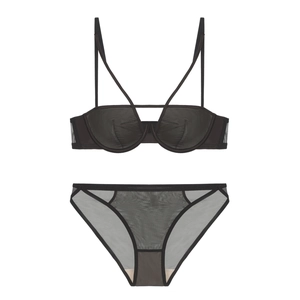 French style black mesh bra set with soft wire support and crisscross strap detail