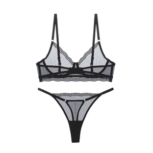 Sexy black ultra-thin mesh lingerie set with triangle lace bra and thong for women