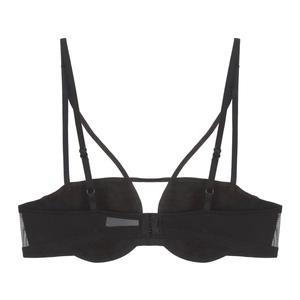 Detail view of black bra back showing double straps, mesh side panels and hook-eye closure