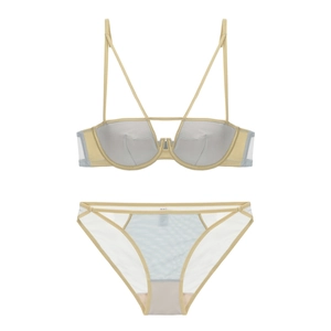 French style champagne gold sheer mesh lingerie set with soft underwire and cross straps