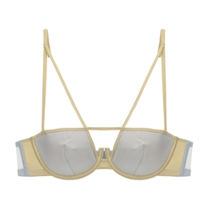 Detail of French style bra with metallic bicolor design and crisscross straps