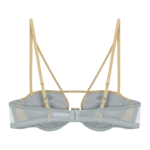 Detail of light blue bra with breathable mesh back and adjustable beige straps